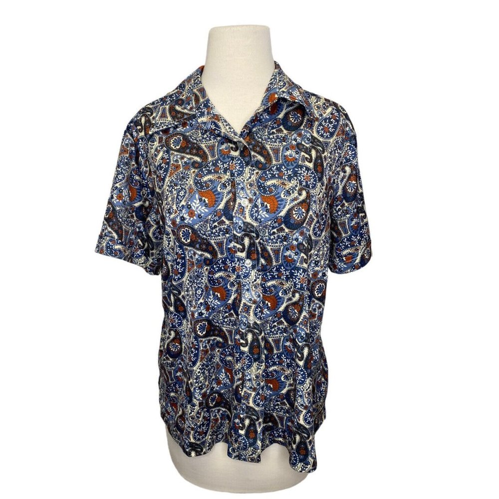 VTG 1970s Sears Disco Paisley Shirt Large‎ 20 Women Polyester Perma Prest Blue